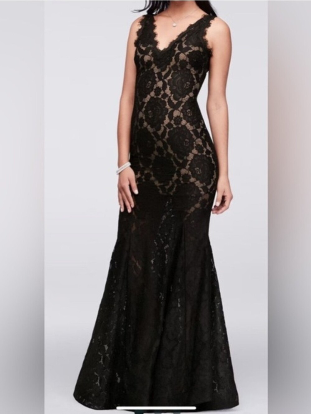 Betsy & Adam Black Formal Long Dress Sz 10 Glamour Lace Overlay Flaired Mermaid